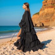 Ruffled Hemp Cotton Kimono Duster: Raven Black Bohemian Cardigan - Bali - Image 8