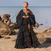 Ruffled Hemp Cotton Kimono Duster: Raven Black Bohemian Cardigan - Bali