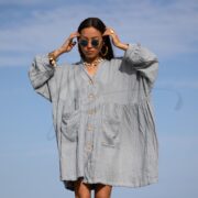 Plus Size Boho Tunic Dress: Crinkle Cotton Gauze, Moonwashed Indigo - Bellina - Image 4