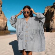 Plus Size Boho Tunic Dress: Crinkle Cotton Gauze, Moonwashed Indigo - Bellina - Image 10