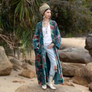 Plus Size Velvet Kimono Robe: Jade Garden Floral Duster Coat - Harper Jade