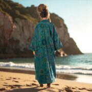 Emerald Mandala Velvet Kimono Duster: Boho Cotton Robe - Mai - Image 3