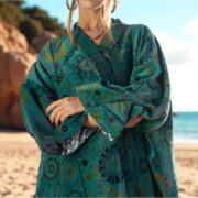 Emerald Mandala Velvet Kimono Duster: Boho Cotton Robe - Mai - Image 4