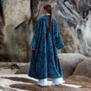 Handmade Cotton Velvet Kimono Duster: Twilight Garden Rosefinch Print, Plus Size - Mai - Image 3