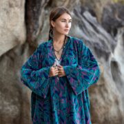 Handmade Cotton Velvet Kimono Duster: Twilight Garden Rosefinch Print, Plus Size - Mai - Image 4
