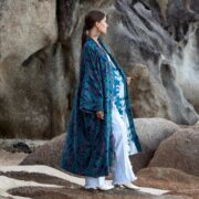 Handmade Cotton Velvet Kimono Duster: Twilight Garden Rosefinch Print, Plus Size - Mai - Image 2