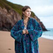 Handmade Cotton Velvet Kimono Duster: Twilight Garden Rosefinch Print, Plus Size - Mai - Image 10