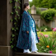 Handmade Cotton Velvet Kimono Duster: Twilight Garden Rosefinch Print, Plus Size - Mai - Image 6