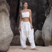 Boho Lace Patchwork Harem Pants & Duster Set: Cream Cotton Festival Outfit