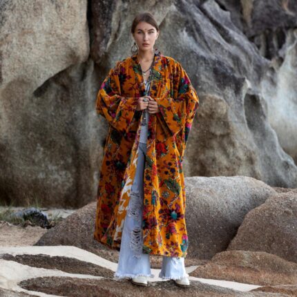 Plus Size Velvet Kimono Robe: Sunfire Tapestry Floral Duster - Mai