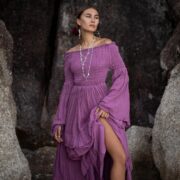 Boho Wedding Dress: Orchid Twilight Cotton Maxi Gown with Bell Sleeves - Lucia - Image 5