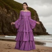 Boho Wedding Dress: Orchid Twilight Cotton Maxi Gown with Bell Sleeves - Lucia - Image 7