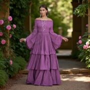 Boho Wedding Dress: Orchid Twilight Cotton Maxi Gown with Bell Sleeves - Lucia - Image 10