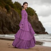 Boho Wedding Dress: Orchid Twilight Cotton Maxi Gown with Bell Sleeves - Lucia - Image 8