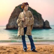 Velvet Kimono Jacket: Golden Bloom Floral Print, Plus Size Boho Coat - Mei - Image 7
