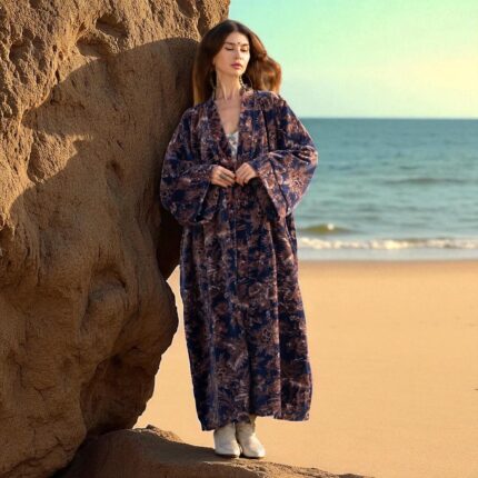 Plus Size Velvet Kimono Robe: Midnight Bloom Floral Duster - Mai