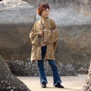 Velvet Kimono Jacket: Golden Bloom Floral Print, Plus Size Boho Coat - Mei