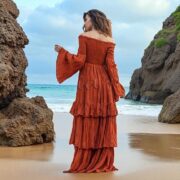 Off-Shoulder Boho Wedding Dress – Ruffled Tiered Cotton Maxi | Lucia Burnt Orange - Image 3