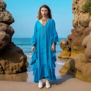 Ocean Blue Boho Kaftan – Plus Size Rayon Maxi Dress, Flowy Festival Gown | Wild Heart