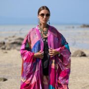 Vintage Silk Kimono Duster – Harper Jade Boho Patchwork Robe in Magenta Lotus - Image 4