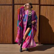 Vintage Silk Kimono Duster – Harper Jade Boho Patchwork Robe in Magenta Lotus - Image 5