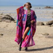 Vintage Silk Kimono Duster – Harper Jade Boho Patchwork Robe in Magenta Lotus
