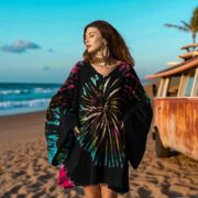 Plus Size Tie-Dye Mini Dress: Boho Kimono Tunic with Pockets - Kumo - Image 6