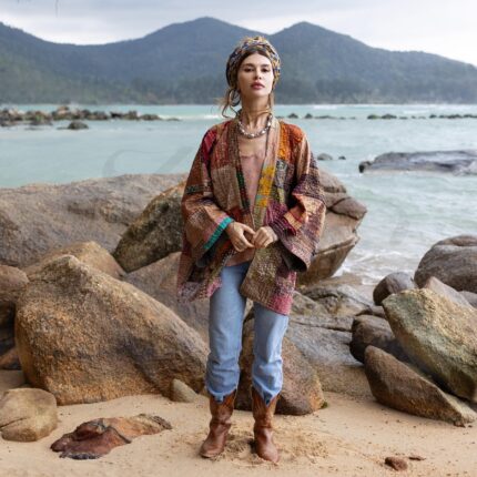 Quilted Silk Kimono Jacket – Mei Canyon Bloom Boho Patchwork Robe