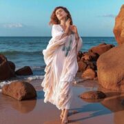 Boho Wedding Kaftan Dress: Ruffle Trimmed Raw Cotton V-Neck - Wild Heart - Image 10