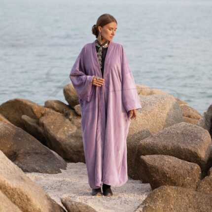 Plus Size Boho Kimono Duster – Lavender Velvet Robe, Handmade Festival Coat | Mai by ZinniaPearl