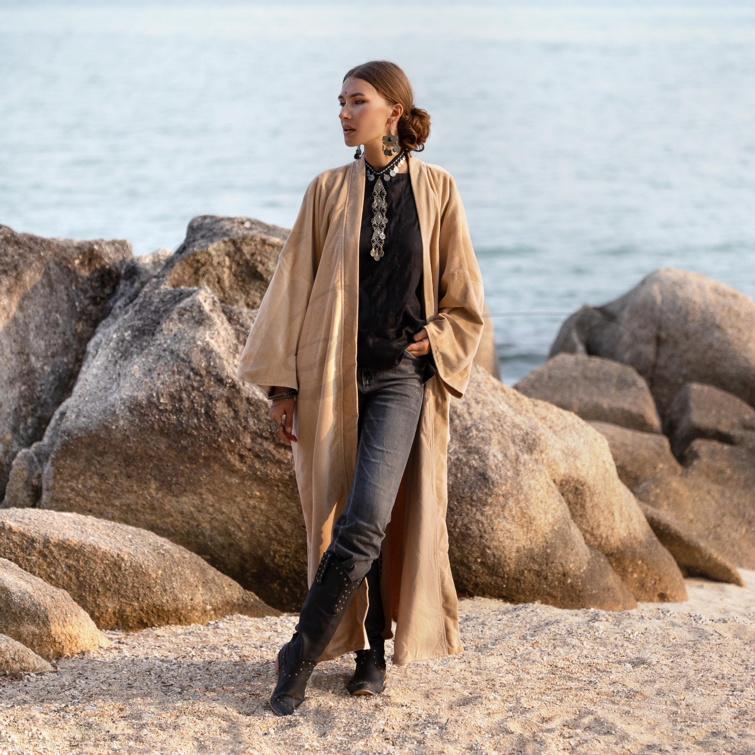 il_fullxfull.7178375882_tkhi.jpg Boho Velvet Kimono Duster – Plus Size Festival Coat in Sandstone | Mai by ZinniaPearl - Image 1