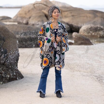 Onyx Mandala Velvet Kimono Jacket: Plus Size Boho Duster Coat - Mei