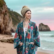 Plus Size Velvet Kimono Robe: Jade Garden Floral Duster Coat - Harper Jade - Image 10