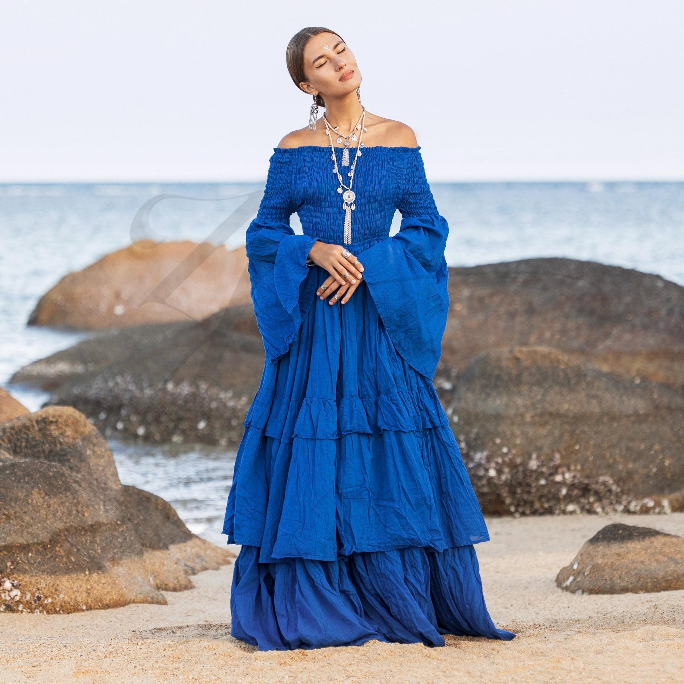 il_fullxfull.7179550820_760u.jpg Lucia Boho Wedding Dress | Royal Lagoon Off-Shoulder Cotton Gown by ZinniaPearl - Image 1