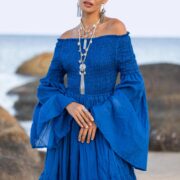 Lucia Boho Wedding Dress | Royal Lagoon Off-Shoulder Cotton Gown by ZinniaPearl - Image 6