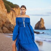 Lucia Boho Wedding Dress | Royal Lagoon Off-Shoulder Cotton Gown by ZinniaPearl - Image 10