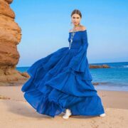 Lucia Boho Wedding Dress | Royal Lagoon Off-Shoulder Cotton Gown by ZinniaPearl - Image 7