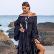 Lucia Boho Wedding Dress – Obsidian Wave | Off-Shoulder Cotton Maxi Gown by ZinniaPearl - Image 5