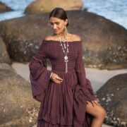 Boho Bridal Maxi Dress: Moonlit Mulberry Cotton Off-Shoulder Gown - Image 5