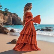 Off-Shoulder Boho Wedding Dress – Ruffled Tiered Cotton Maxi | Lucia Burnt Orange - Image 2