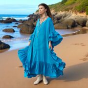 Ocean Blue Boho Kaftan – Plus Size Rayon Maxi Dress, Flowy Festival Gown | Wild Heart - Image 3