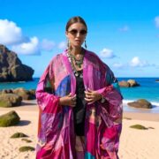 Vintage Silk Kimono Duster – Harper Jade Boho Patchwork Robe in Magenta Lotus - Image 10