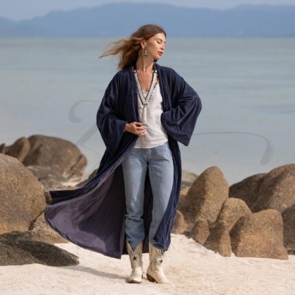 Silky Velvet Kimono Jacket – Ocean Slate Boho Duster Coat | Mai by ZinniaPearl