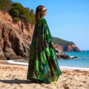 Harper Jade Upcycled Vintage Silk Saree Kimono Duster – Emerald Oasis Boho Patchwork Robe - Image 8