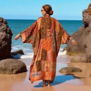 Upcycled Silk Kimono Duster | Boho Patchwork Robe | Harper Jade Burnt Orange - Image 9