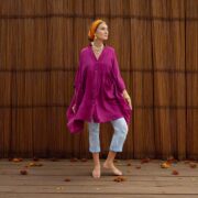 Plus Size Bellina Magenta Tunic, Crinkle Gauze Kaftan Top with Pockets, Boho Beachwear - Image 5