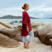 Plus Size Boho Kaftan Top – Bellina Sangria Cotton Gauze Tunic with Pockets - Image 2