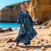 Plus Size Rayon Maxi Dress – Eternal Sky Boho Kaftan with Gold Print | Wild Heart - Image 9