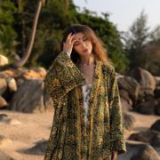 Emerald Velvet Plus Size Kimono: Hand Block Printed Floral Boho Duster – MAI - Image 4
