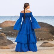 Lucia Boho Wedding Dress | Royal Lagoon Off-Shoulder Cotton Gown by ZinniaPearl - Image 3